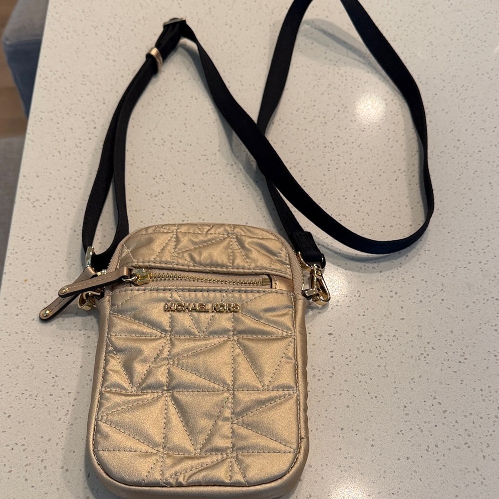 Michael Kors Quilted Metallic Champagne Crossbody Phone Pouch